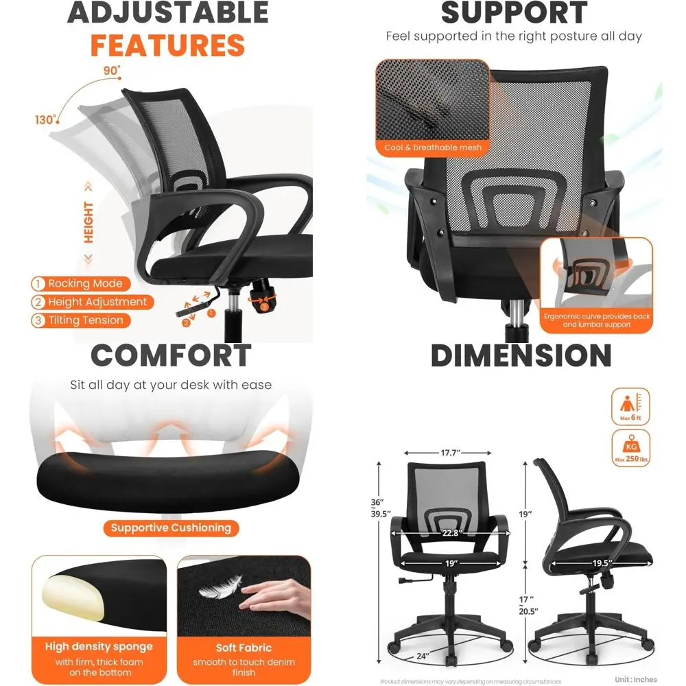 

Oice Desk Computer Chair Ergonomic Mesh Gaming Back Seat with Comy Lumbar Support Adjustable Height Swivel or Home Task (Black)
