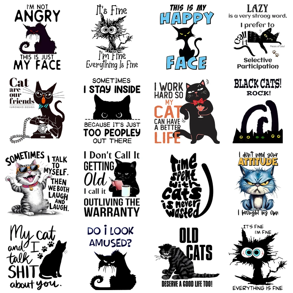25cm Black Cat Hissing With Puffed Fur Iron On Heat Transfer Sticker DTF Iron On Transfer Patches For Clothes T-shirt Appliques