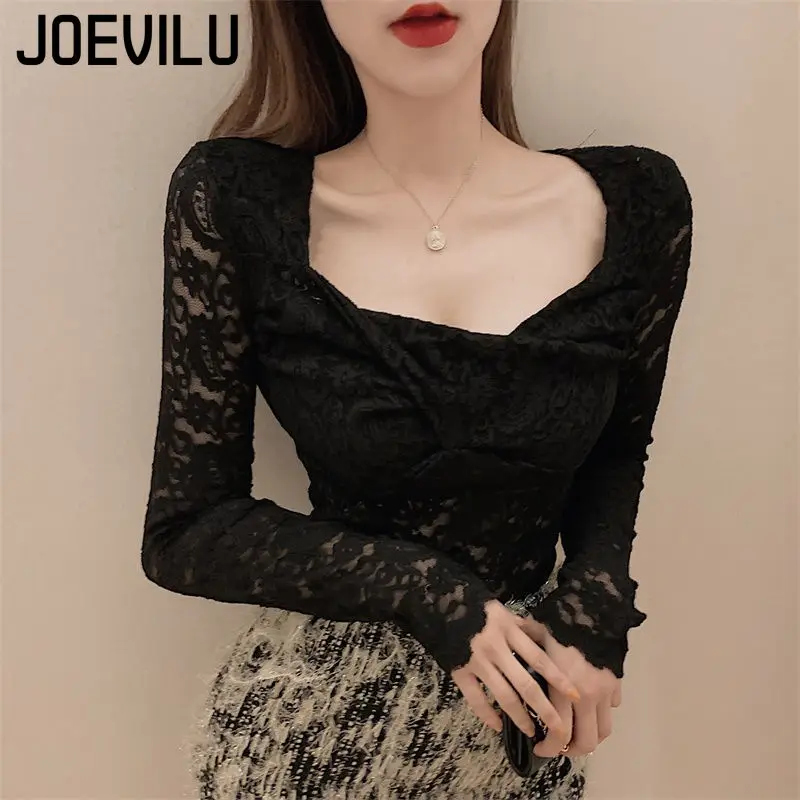 

JOEVILU Women's Lace Hollow Out Long Sleeve Blouse Sexy Transparent Slim Fit Top Korean Fashion Base Layer Tops Outwear T Shirt