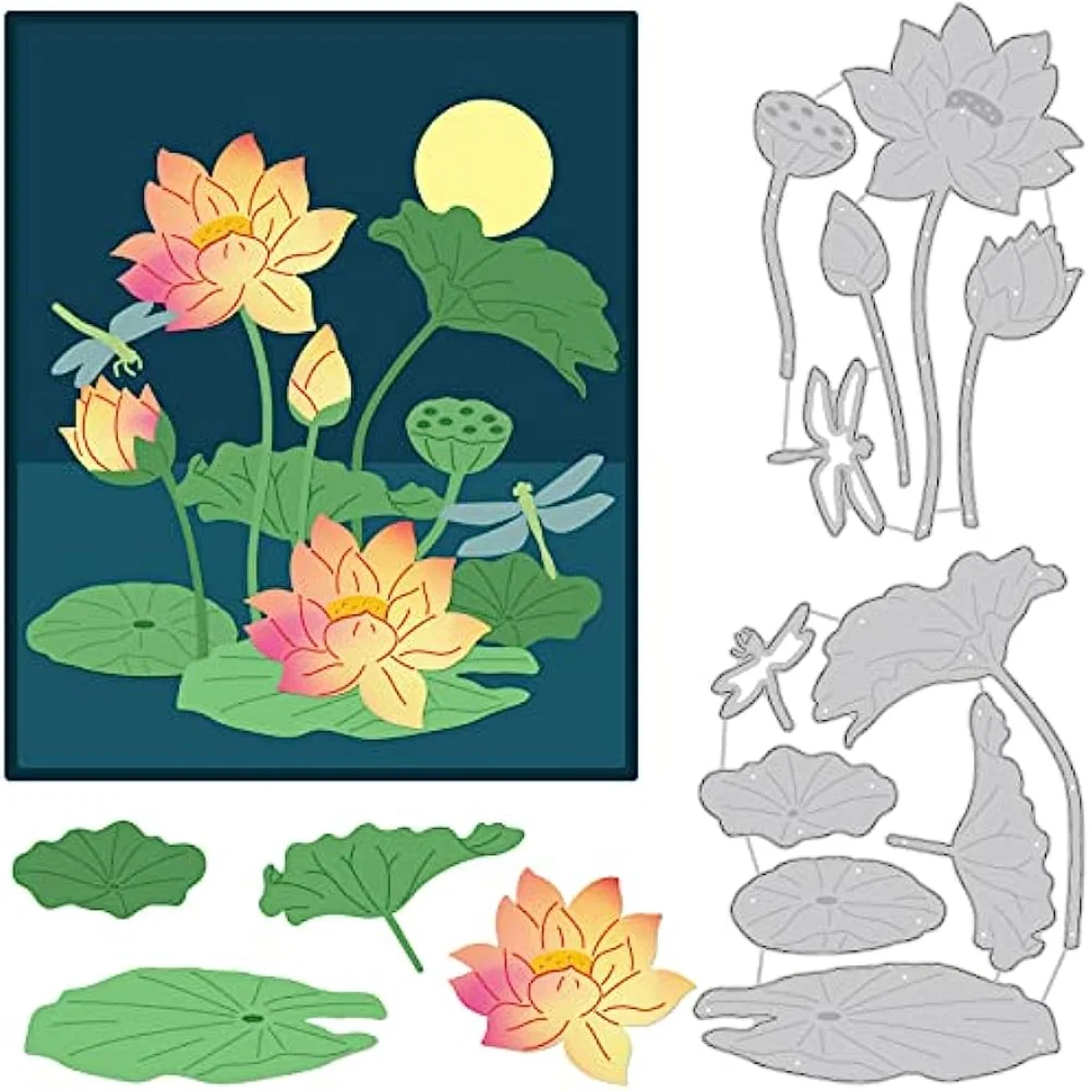 2pcs Lotus Cutting Dies, Water Lily Lotus Leaf Dragonfly Carbon Steel Embossing Stencils Templates for Scrapbooking, Album Photo