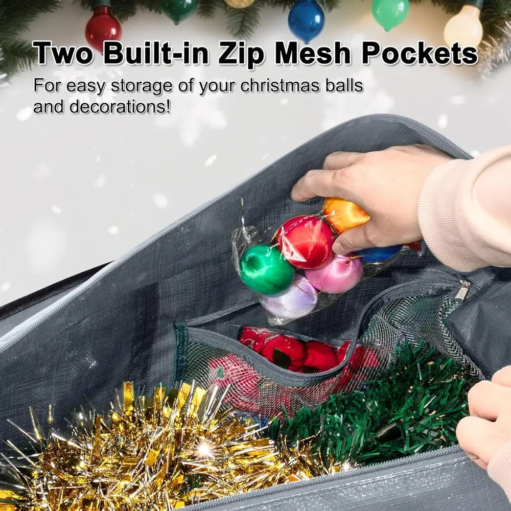Heavy-Duty 12ft Christmas Tree Storage Bag with Zippered Mesh Pockets and Reinforced Handles (Grey)