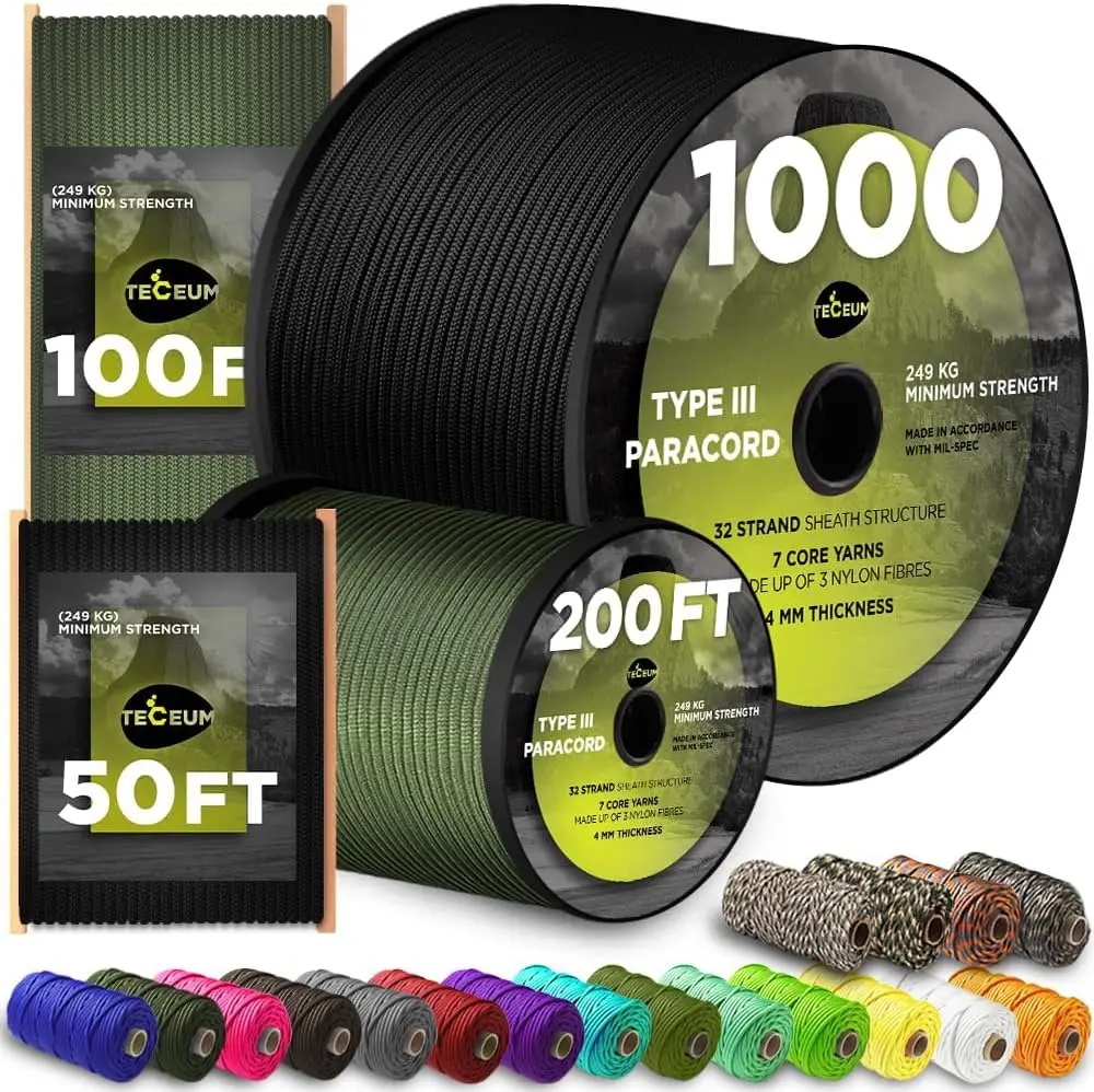 

5/32" Paracord Rope 1000ft – 550lb Type III – 45+ Colors – Nylon for Camping & Survival
