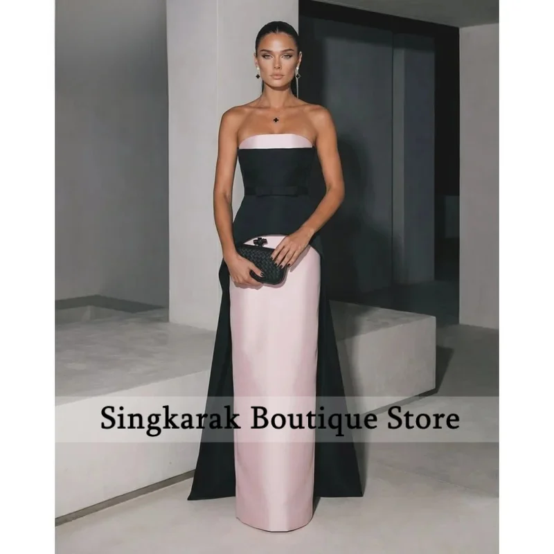 Customized Contrast Color Strapless Satin Evening Dress Black Pink Patchwork Waist Bow Long Side Train Wedding Guest Gown