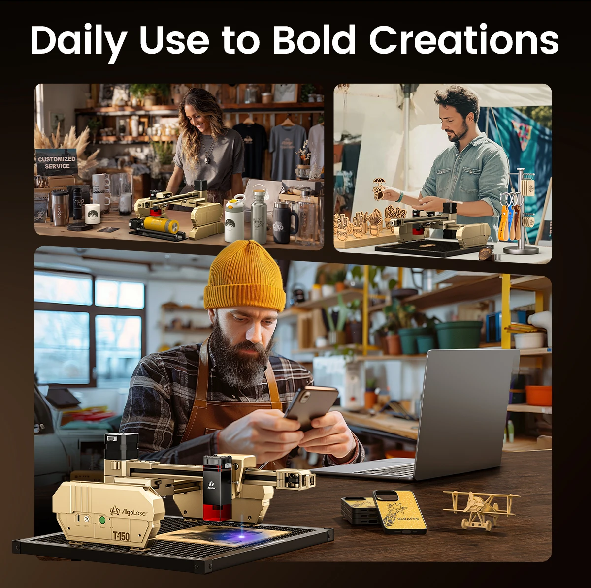 AlgoLaser T150 2.5W 6W 10W High Precision Portable Laser Engraving Machine Easy to Use Fast With Rotary Roller Chuck  Wood Gift