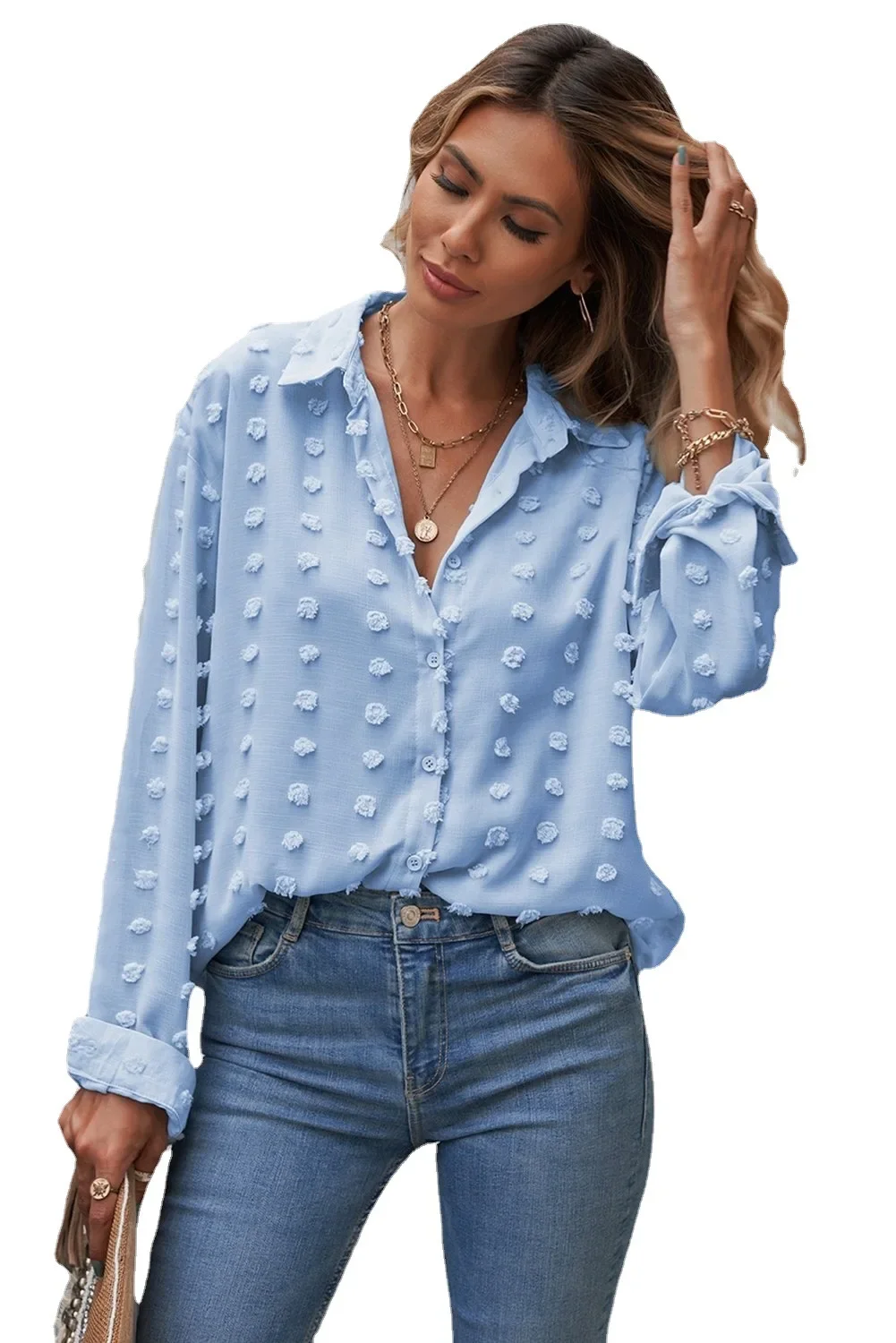 Primavera 2023 camisa de lapela de manga comprida feminina polka dot chiffon jaffra cardigan temperamento commuter superior abotoado camisa