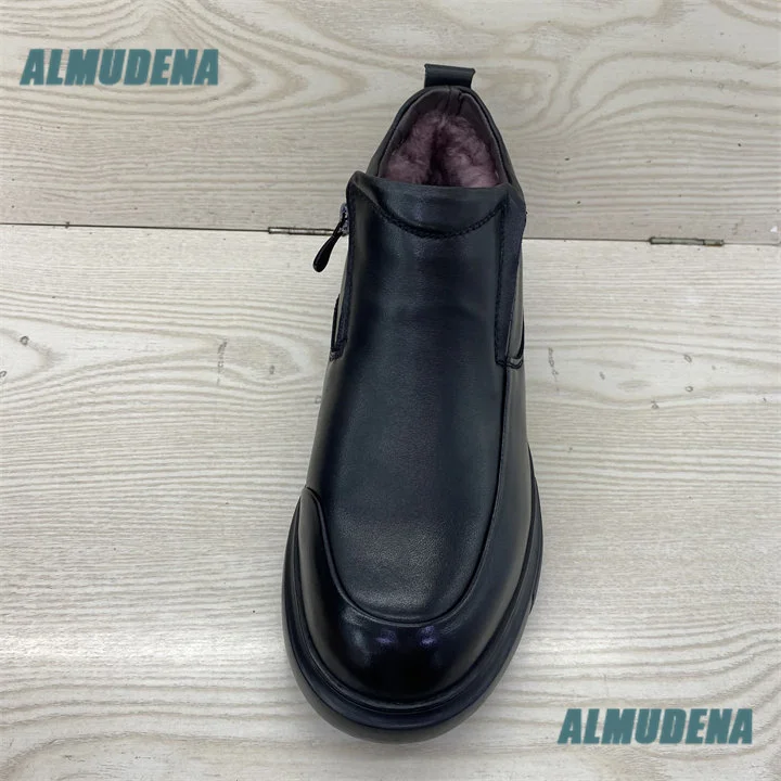 Men's Winter Fleece Lined Ankle Boots Genuine Leather Side Zipper Warm Snow Boot Thick Sole Casual Boots Winter Men's Boots