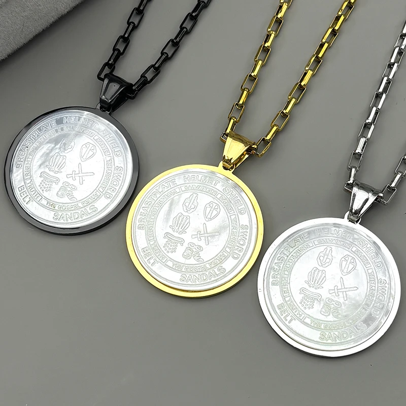 

Whole Armour of God Shell Pendant Necklaces for Women Men Stainless Steel Talisman Christian Spiritual Armour Protection Jewelry