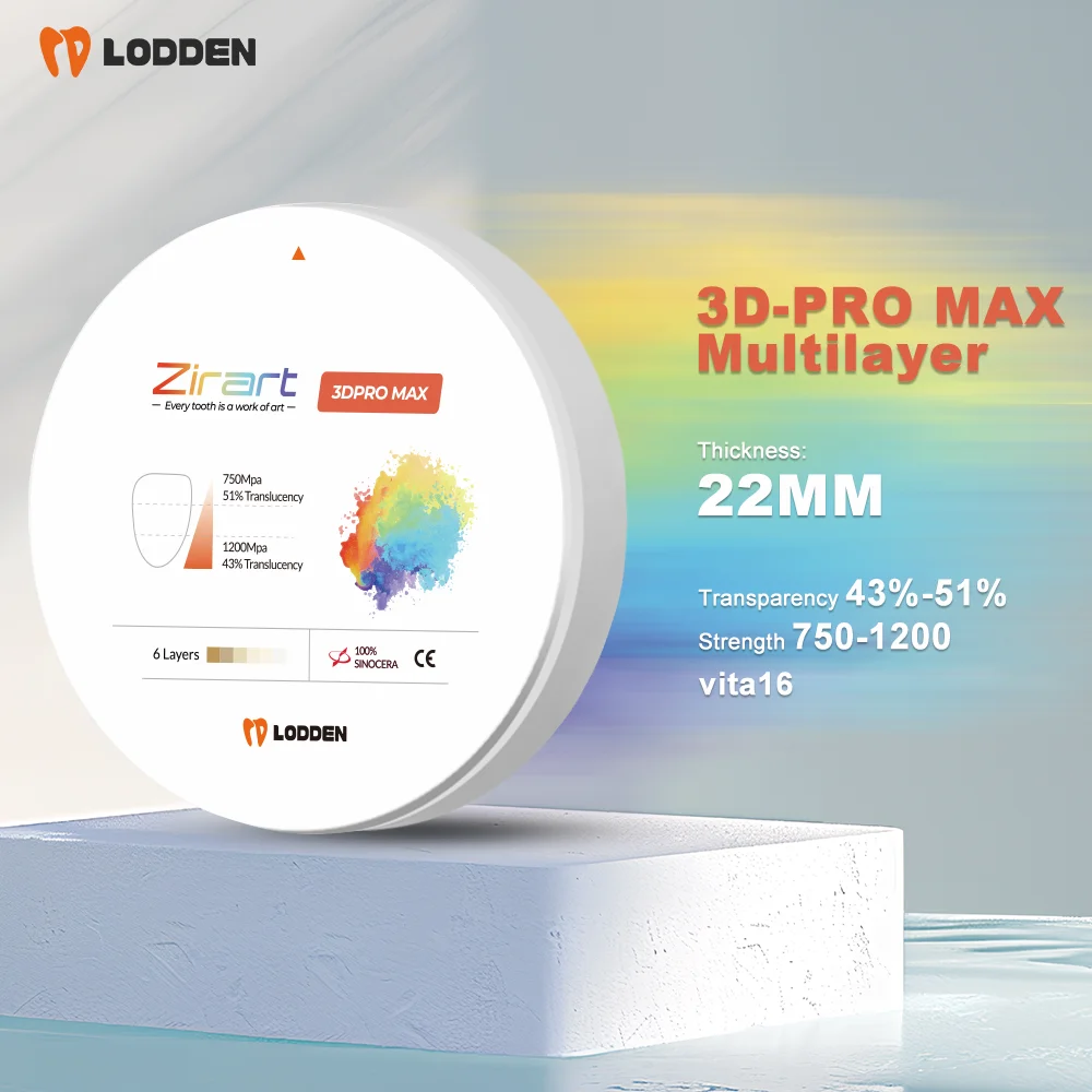 LODDEN Dental Lab 3D Pro Max Zirkonia 98 * 22 mm 5 lagen meerlaagse blokken Zirkonia schijf Prothesemateriaal Transparantie 43%-51%