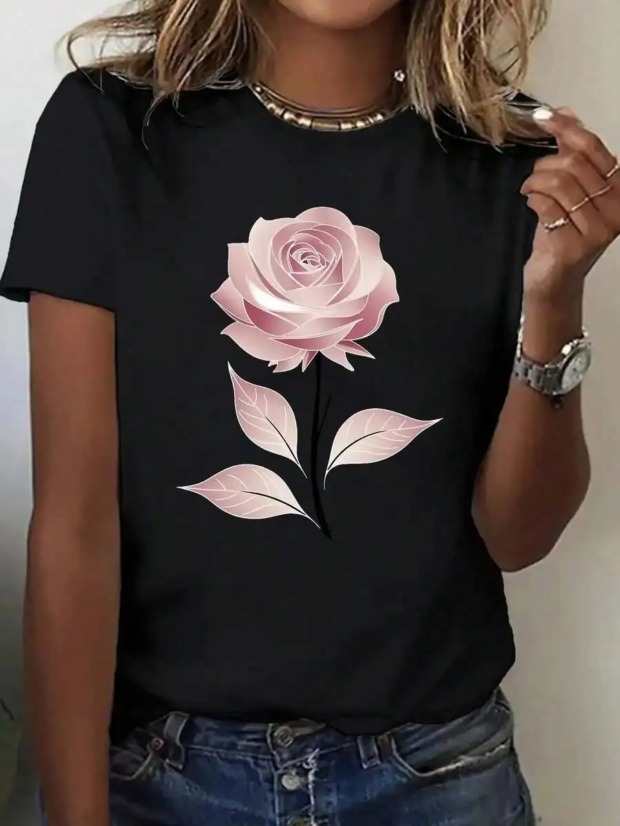 Women's Crew Neck Short Sleeve Casual T‑Shirt Black Rose Pink Floral Graphic Print Tee Top