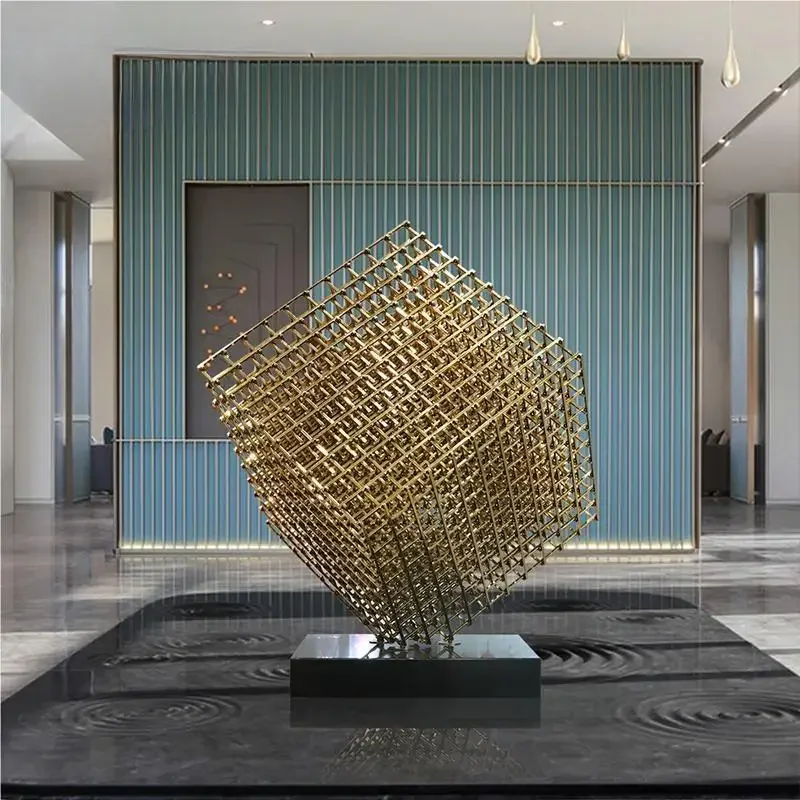 Villa hotel lobby stainless steel sculpture magic square sales office large hollow geometric floor decoration