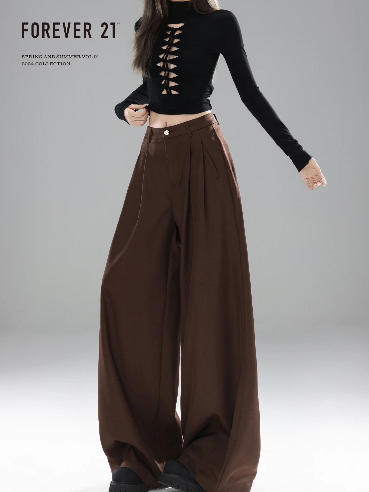 Forever 21 Casual Brown Draped Wide Leg Pants Women's Loose Slim High Waist Suit Trousers Pear Shape Drapey Loose Fit Casual ...