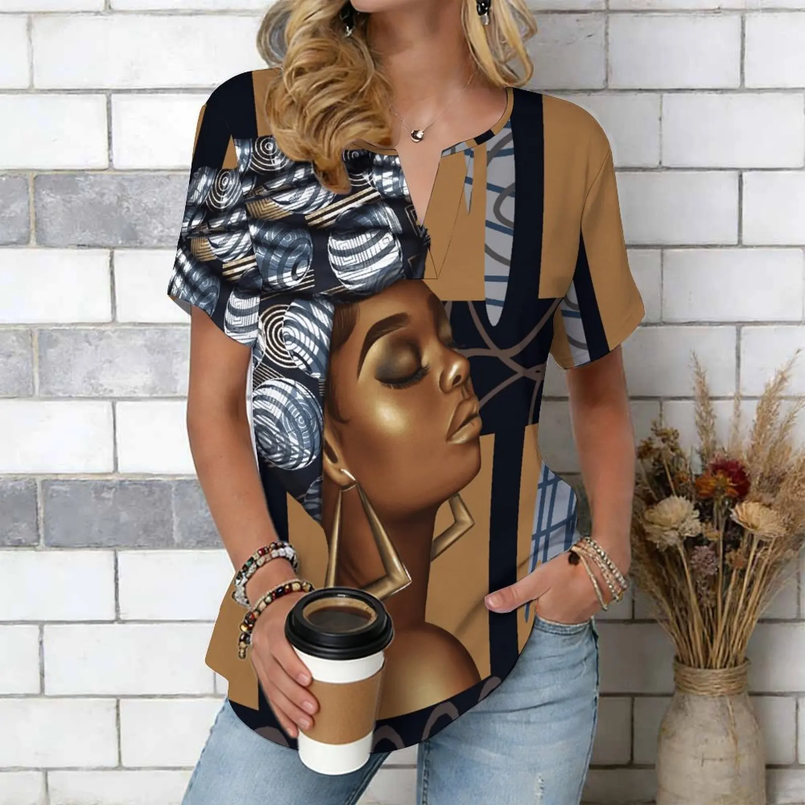 Women Print Notched V Neck Short Sleeve Casual Loose Tunic Tops