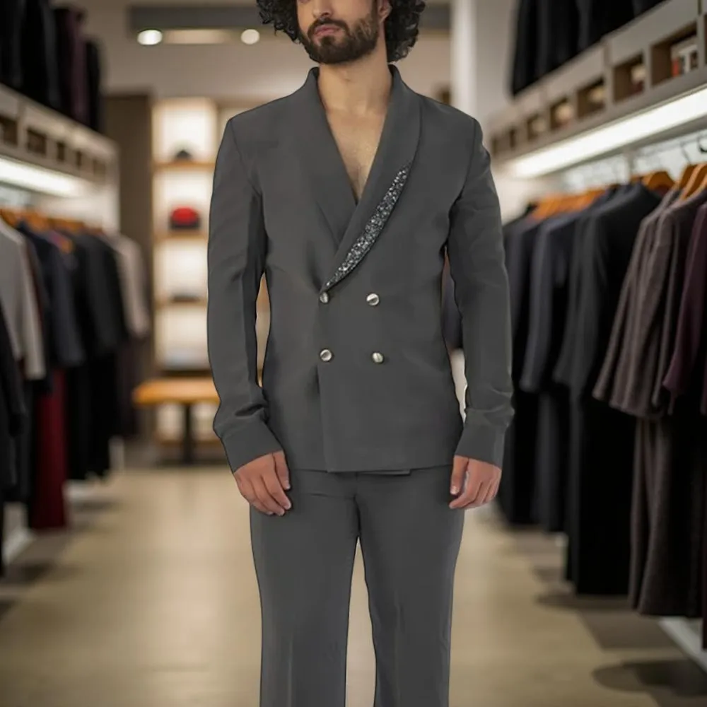 

Beaded Men Suits for Prom Double Breasted Elegant Shawl Lapel Male Fashion Suit Two Piece Jacket Pants Daily Office Man Set