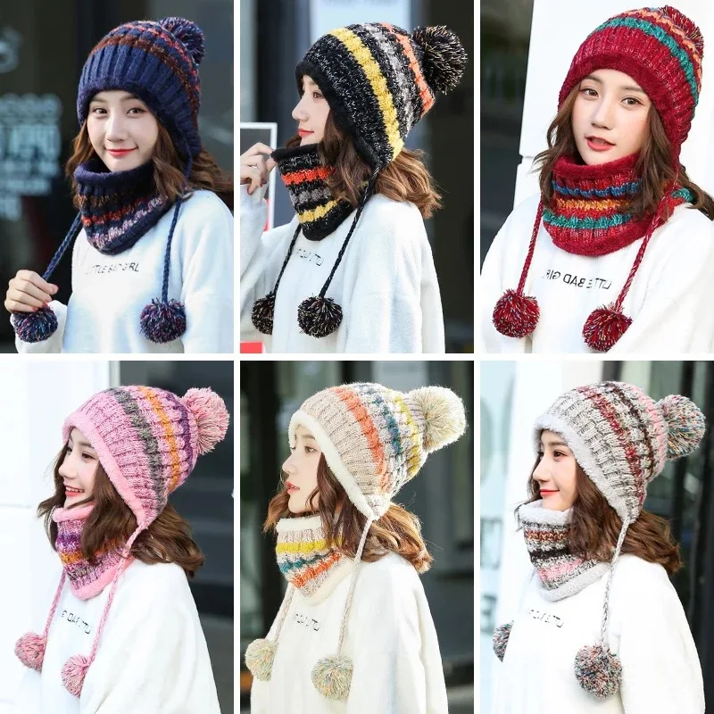 Women's Knitted Hat Scarf Set For Winter Outdoor Keep Warm Thick Female Ladies Beanies And Loop Scarves 2 Pieces Set With Ball