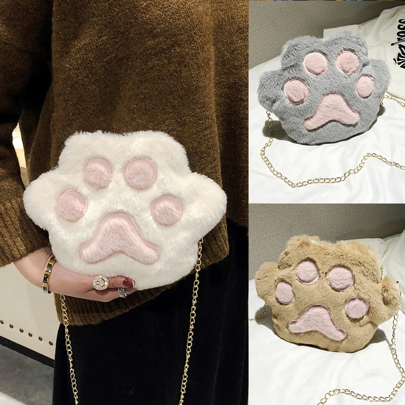 

Cute Bear Paw Girls Chain Zipper Shoulder Bag Lovely Soft Plush Coin Purse Small Crossbody Bags