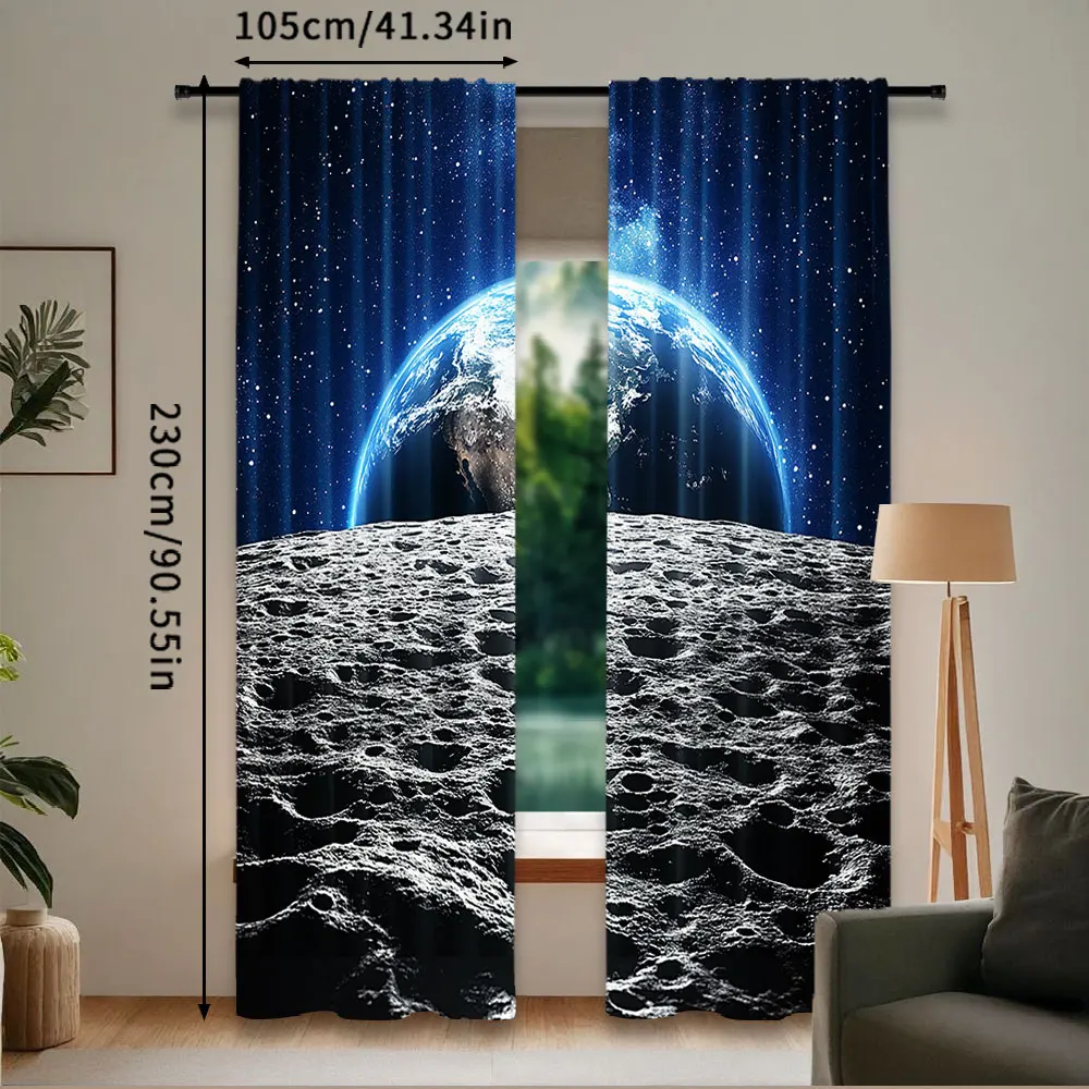 2Pcs Galaxy Curtain View Of Earth Globe From The Moon Surface Out Space Dark Matter Galaxy For Bedroom Living Room And Dining