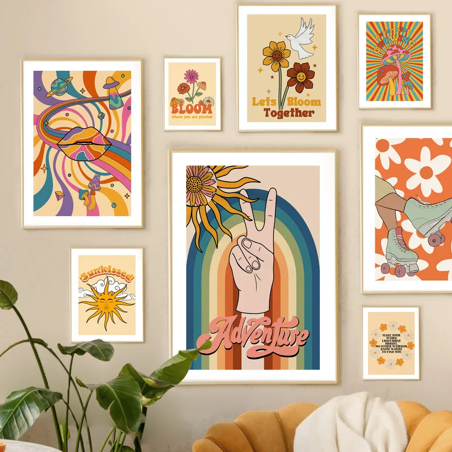 

Retro 70s Floral Hippie Wall Art Canvas Painting - Skating Victory Print Modern Abstract Living Room Decor Poster