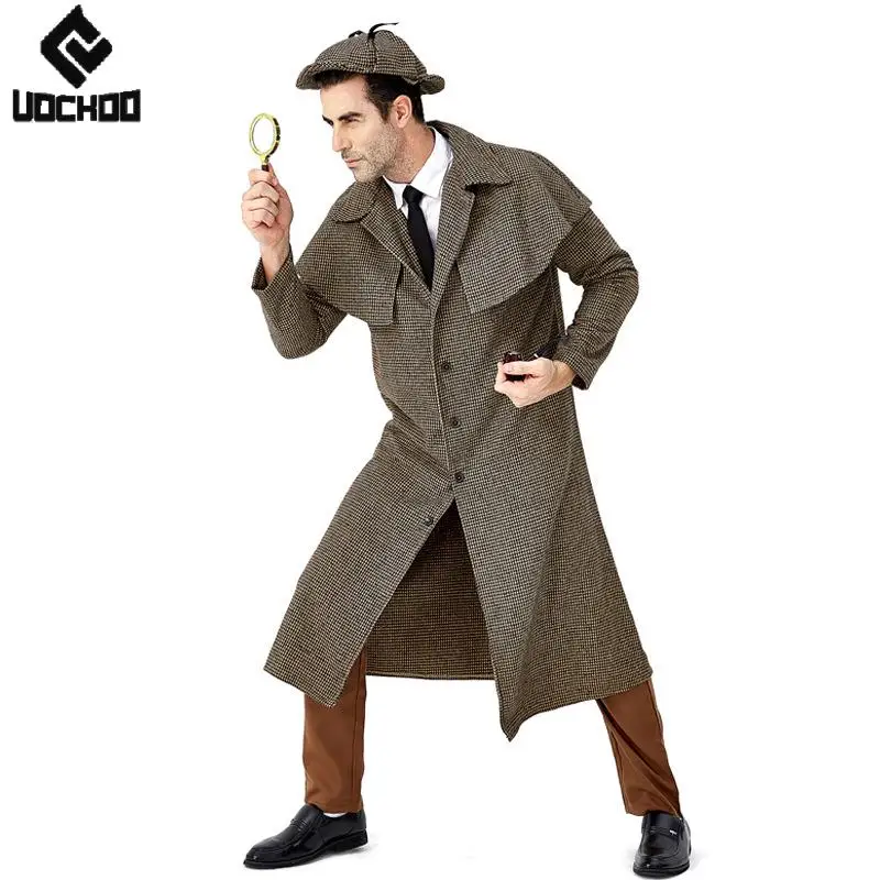 

Men's Detective Costume Cosplay Victorian Sherlock Holmes Clothes with Trench Coat Hat for Halloween Male Cosplay Party Outfits