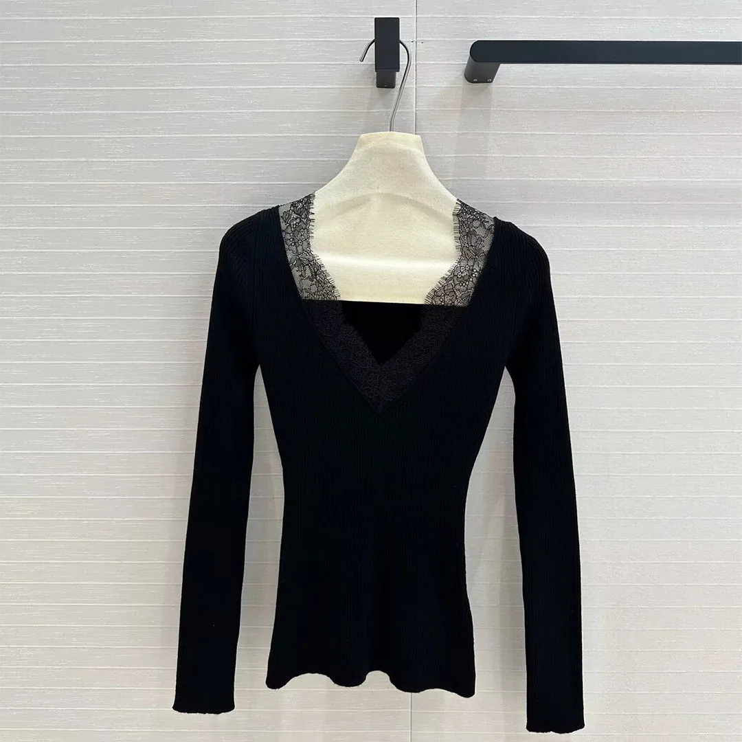 New Spring Fashion 87% Wool Basic Knitting Pullover Women Lace Patchwork V-neck Long Sleeve Black Slim Basic Casual Sweater