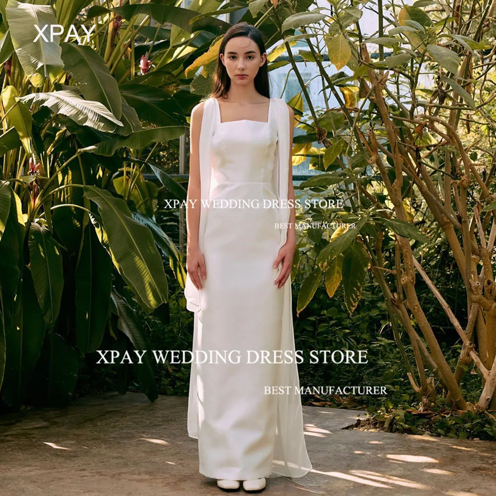 XPAY Square Neck Satin Korea Wedding Party Dresses Wide Straps Cape Formal Prom Gown Customized Backless Wedding Photos Shoot