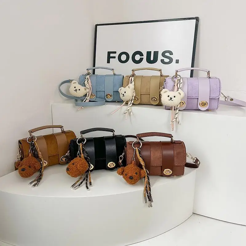 DIY Knitted Bag  Beginner-made brown small square bag  Cartoon bear pendant hand-held pillow underarm bag  Casual womens bag view 4