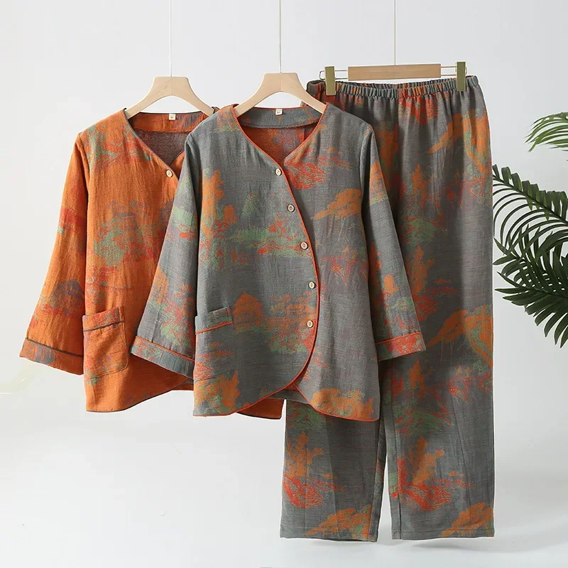 

Новинка 2023 года, весенне-летний женский пижамный комплект, 100% хлопок, жаккардовый цветок, длинные брюки с длинными рукавами, большая домашняя одежда, комплект из двух предметов