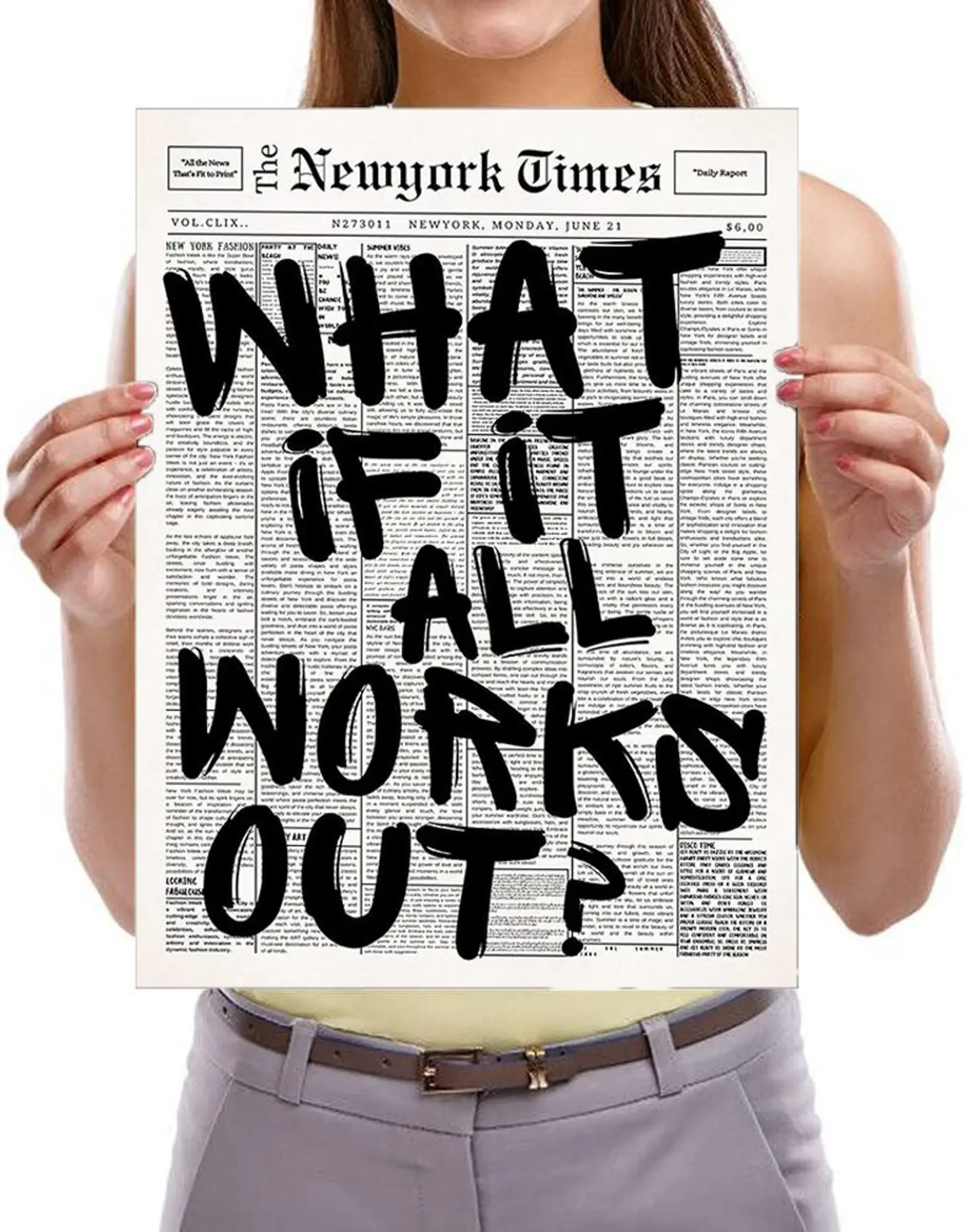 Newspaper Poster - What If It All Works Out - Positive Quote Canvas Wall Art, Affirming Minimalist Prints, Neutral Dorm Room Bed image 6