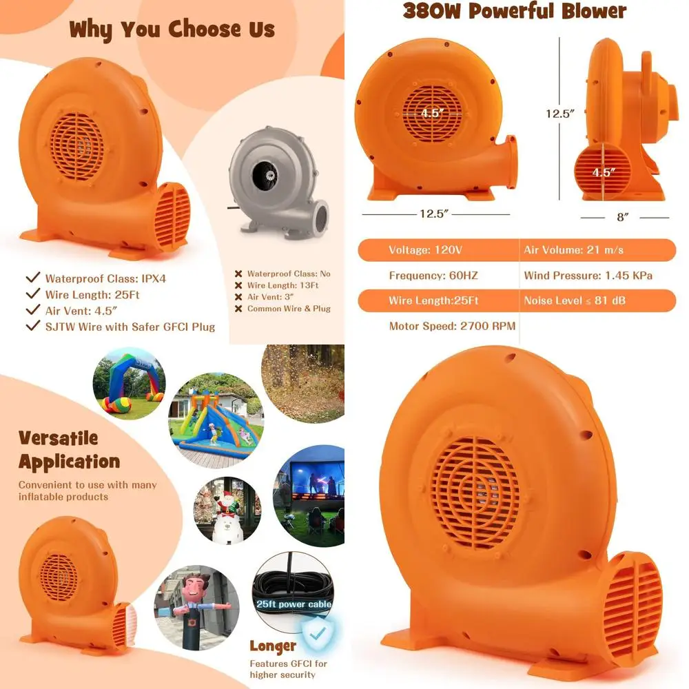

380W 0.5HP Home Air Blower with 25ft SJTW Wire, Stakes, IPX4 Rated for Inflatables, ETL Approved, Orange Jumper Castle