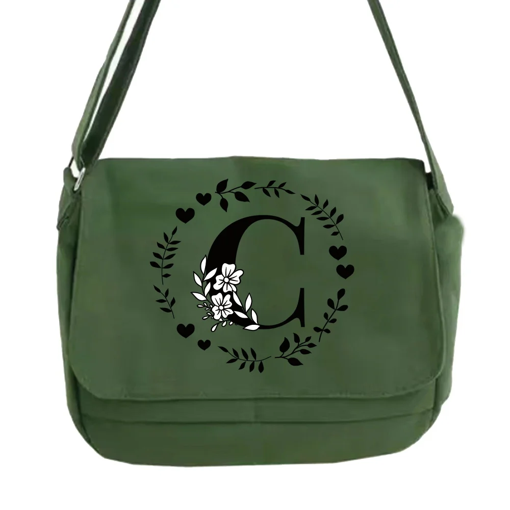 Bolso de hombro de lona para adolescentes y estudiantes, bolsa de mensajero verde, serie con patrón de letras de guirnalda, gran capacidad