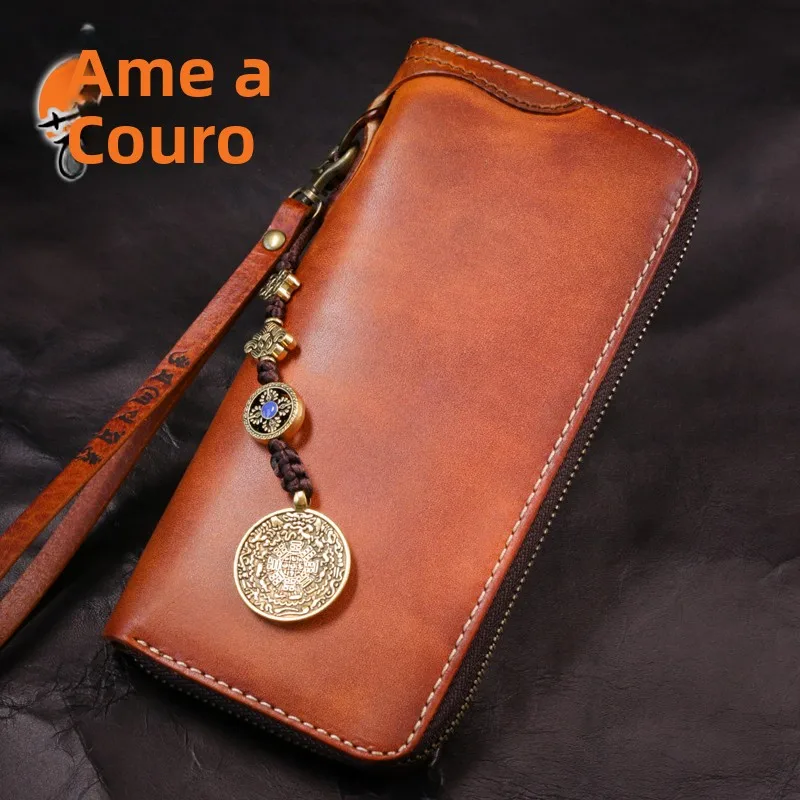 handcrafted-vintage-leather-wallet-men's-cash-bag-plant-tanned-cowhide-long-handbag-youth-zipper-closure-wallet-pure-color