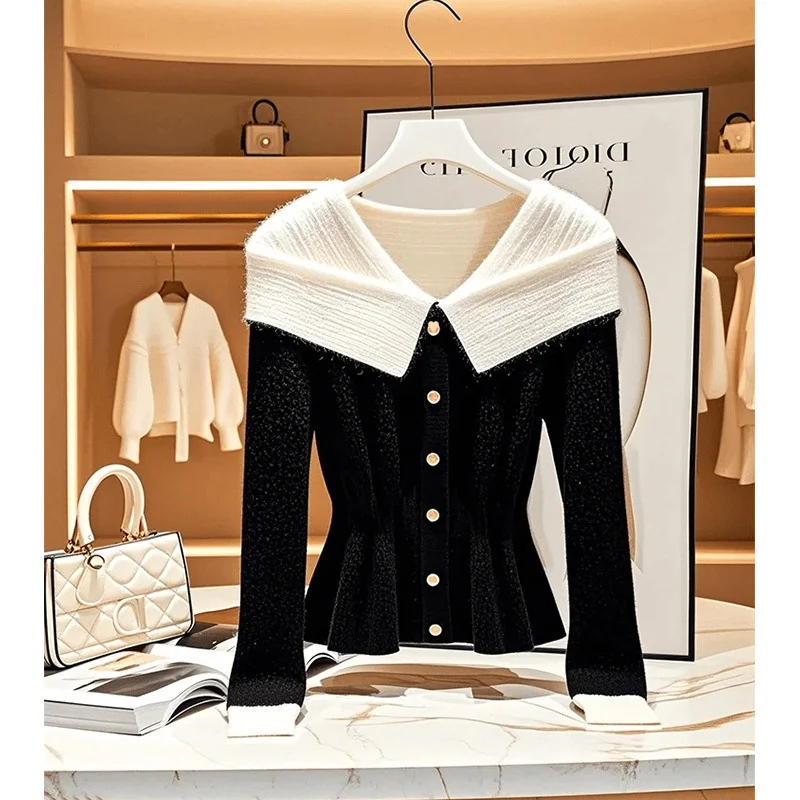 Outono inverno contraste camisola de malha feminina usar xale manto curto tricô camisola feminina casual jumper malhas camisola