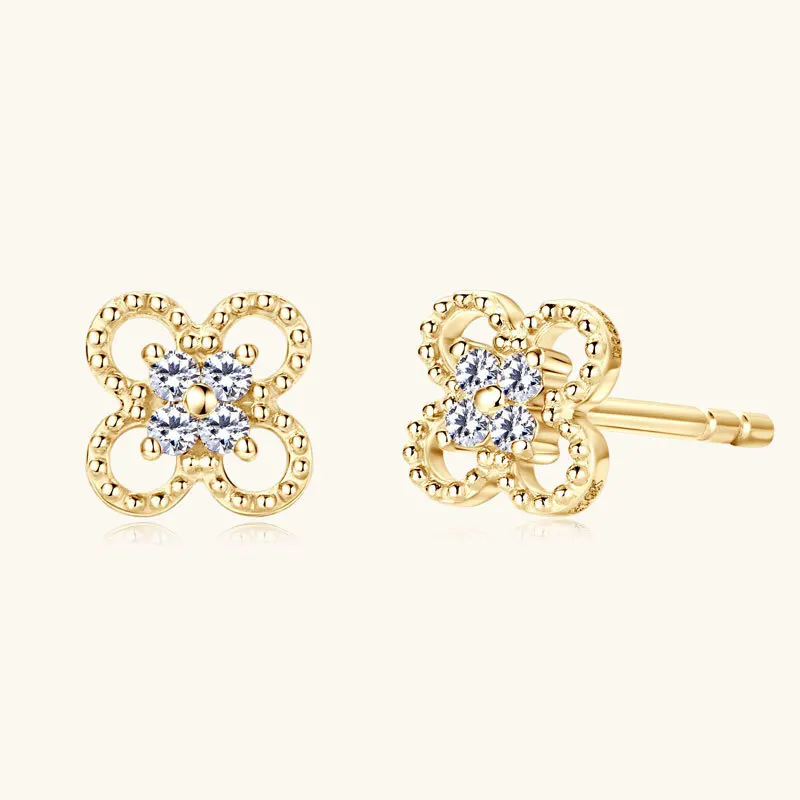 Butterflykiss 10k Gold Clover Flower Stud Earrings Moissanite Diamond For Women Yellow Gold Charm Lucky Jewelry 2025 Mini Studs