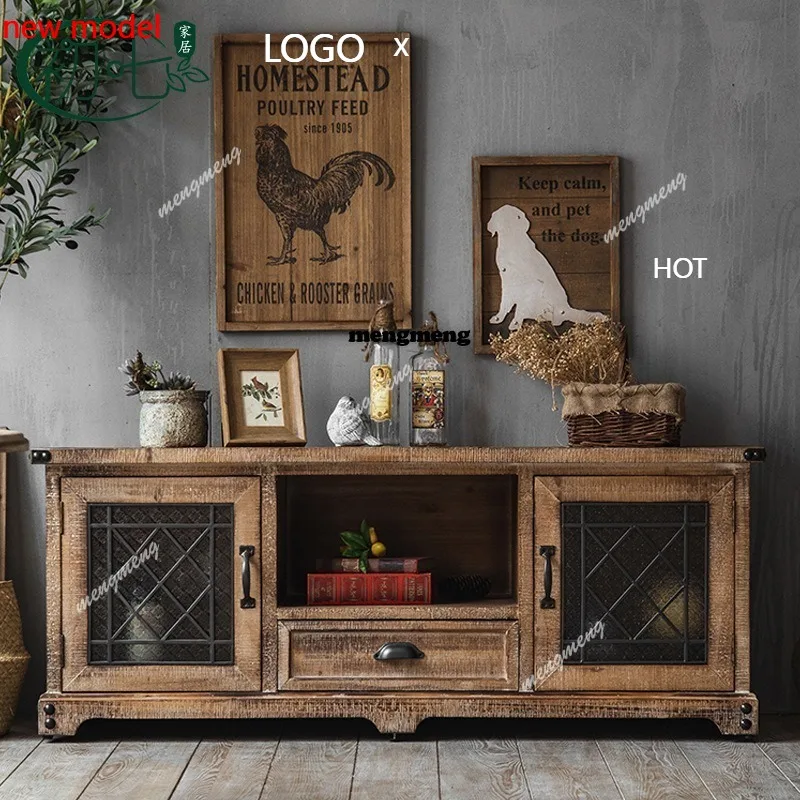 

Американская тумба под телевизор H132 из массива дерева, в стиле ретро, с элементами кованого железа, в старинном индустриальном стиле, низкий шкафчик для B&B.