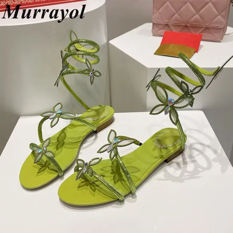 Snake Shaped Elastic Strap Sandals Women Rhinestone Flower Decor Flat Bottom Gladiator Sandalias Summer Dress Shoes Fairy Shoes