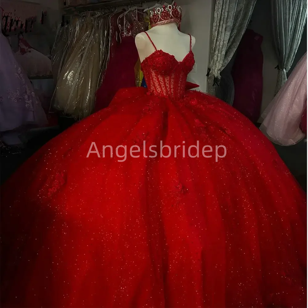 Angelsbridep-vestido De quinceañera para mujer, traje rojo elegante con apliques 3D, tirantes finos, para fiesta De noche