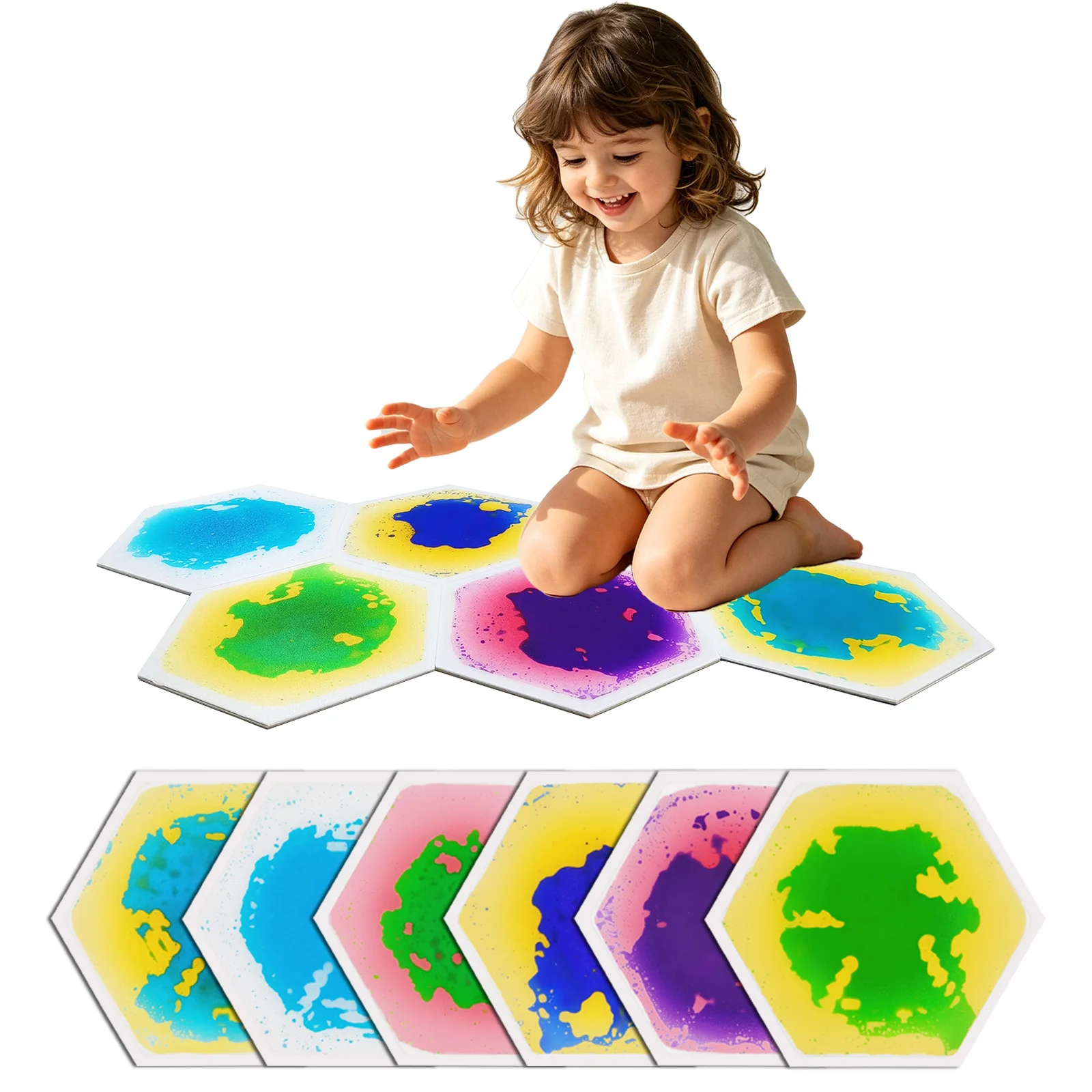 

Цветные напольные коврики с эффектом текучей жидкости в форме шестиугольников, сенсорные игровые коврики для детей дошкольного возраста