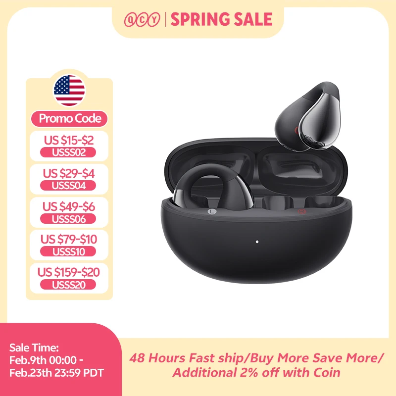 QCY Crossky C30 이어 클립 이어폰 블루투스 5.4 무선 오픈 이어 스포츠 TWS 이어버드 듀얼 연결 헤드폰