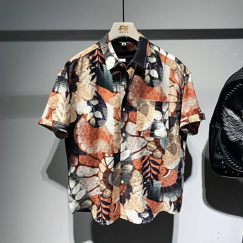 Summer Elegant Fashion Loose Casual Retro Handsome Men\'s Wear Polyester Button Pockets Men\'s Shirt Lapels Short Sleeve Y2K Tops