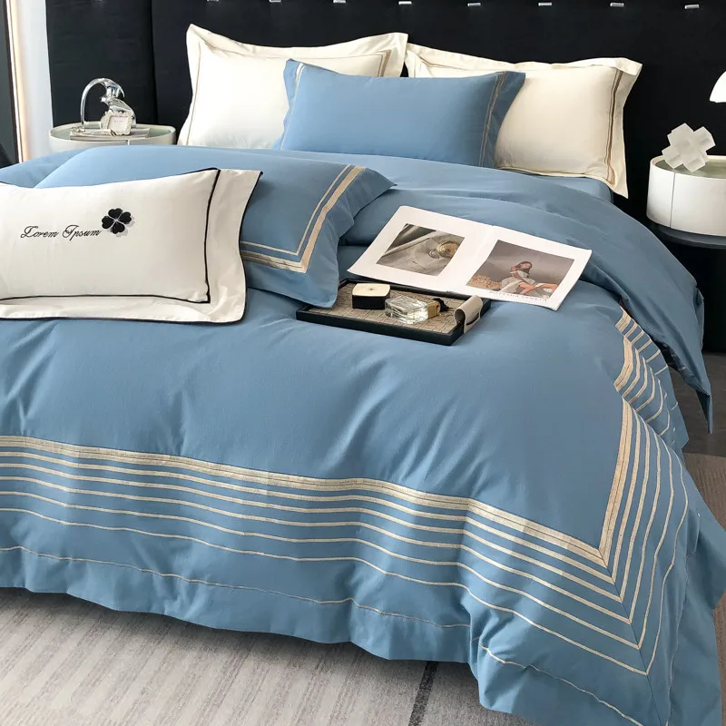 Simple Pure Color Embroidery, Pure Cotton Matte Four Piece Set, Embroidered and Thickened All Cotton Bed Sheets, Bedding