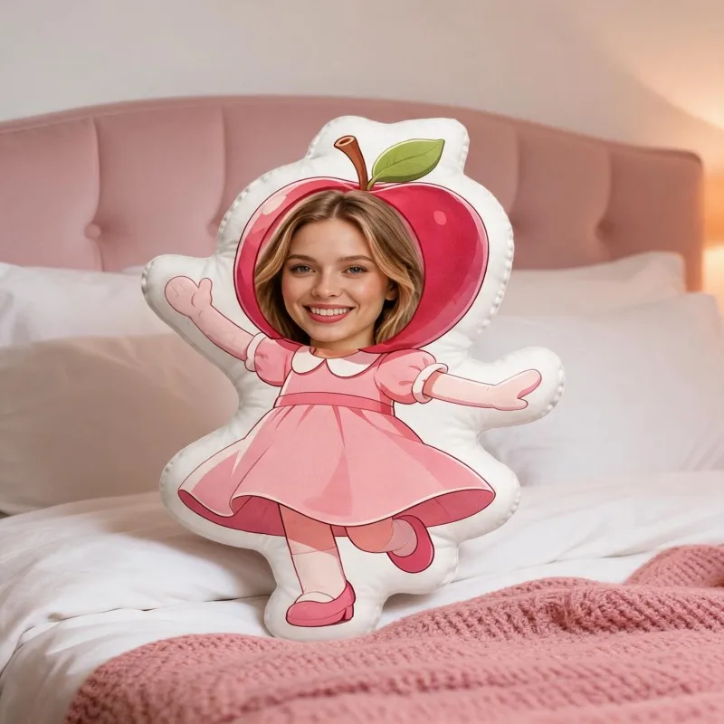 Custom Personalized Photo Face Pillow, Smiling in Pink Apple Costume Custom Shaped Decorative Cushion, Unique Home Decor Accent