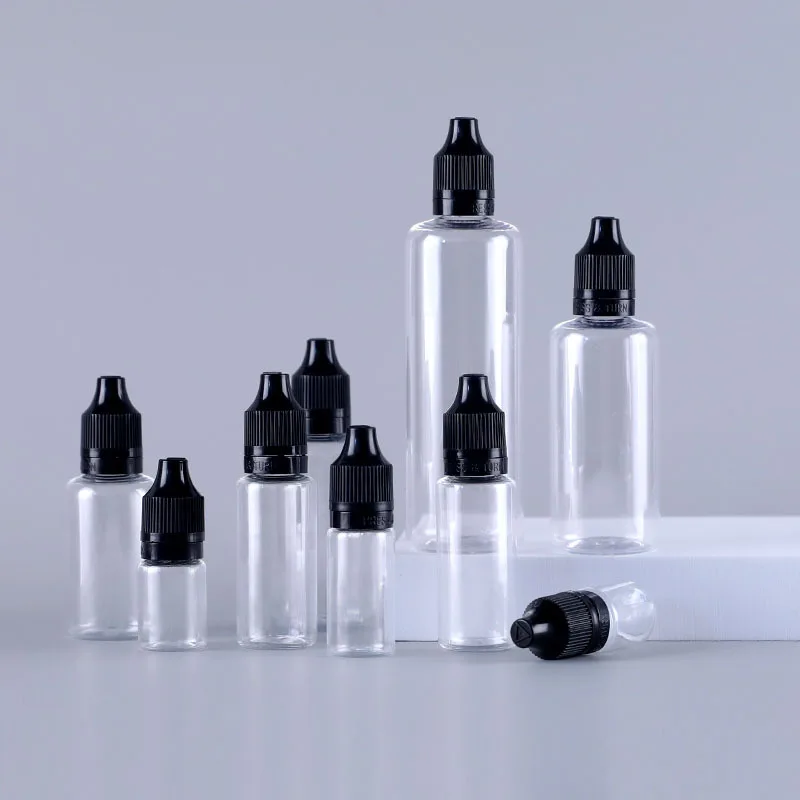 

100pcs 5ml 10ml 30ml 60ml Empty E Liquid Bottle PET Plastic Dropper Vials With Long Thin Tips And Tamper Evident Sealed Caps