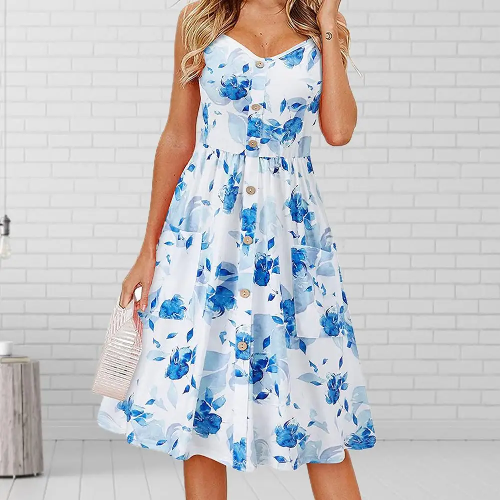 Summer Fashion Women Loose V-Neck Sleeveless Large Hem Beach Dress Flower Print Sling Women Short Dress Sundress Ladies Vestidos