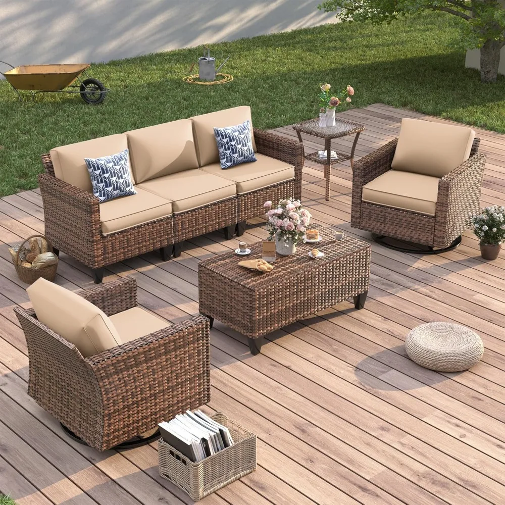 

Patio Furniture Set, 5 Pieces Outdoor Conversation Sets with Rocking Swivel Chairs, Wicker Rattan Outdoor Sofa Set with