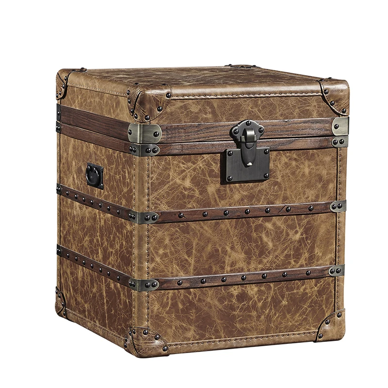 

French retro oil wax skin burgundy old edge few, bedroom bedside table study storage cabinet cigar room locker