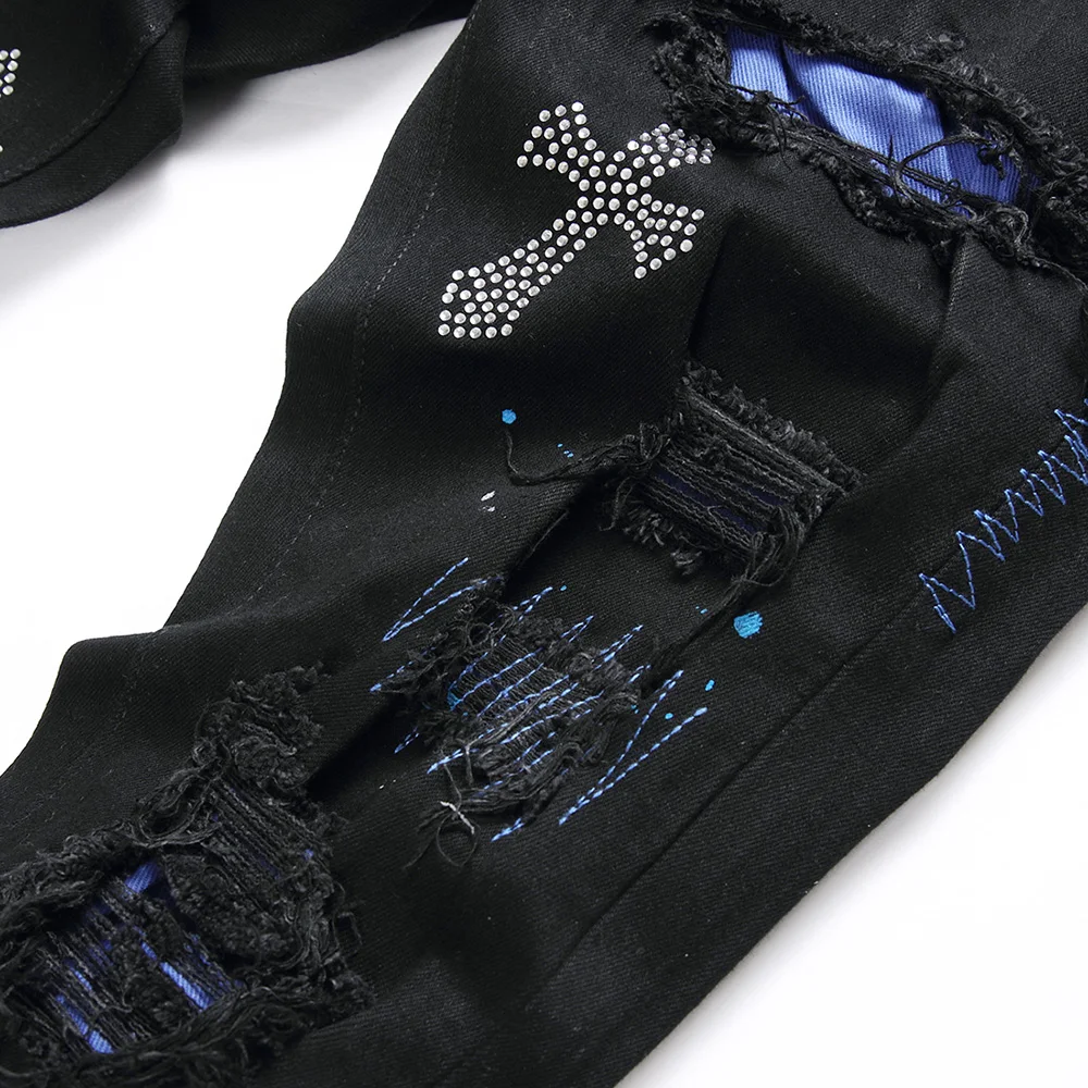 Men Crystal Cross Stretch Denim Jeans Holes Ripped Distressed Black Pants Embroidery Slim Tapered Trousers