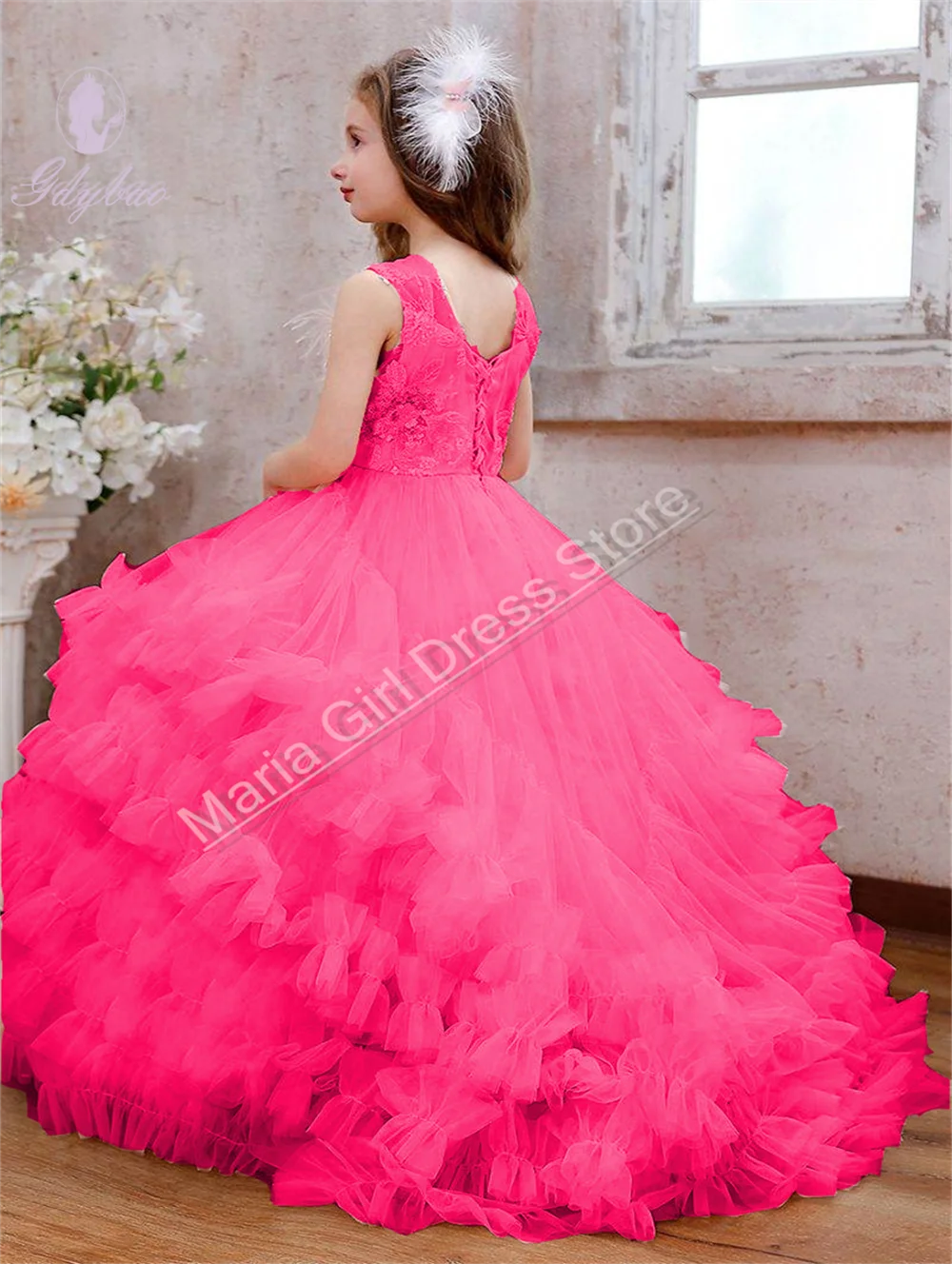 

Rose Red Multicolor Embroidered Elegant Girl First Communion Fluffy Feather Wedding kids Birthday Customizable Party Dress