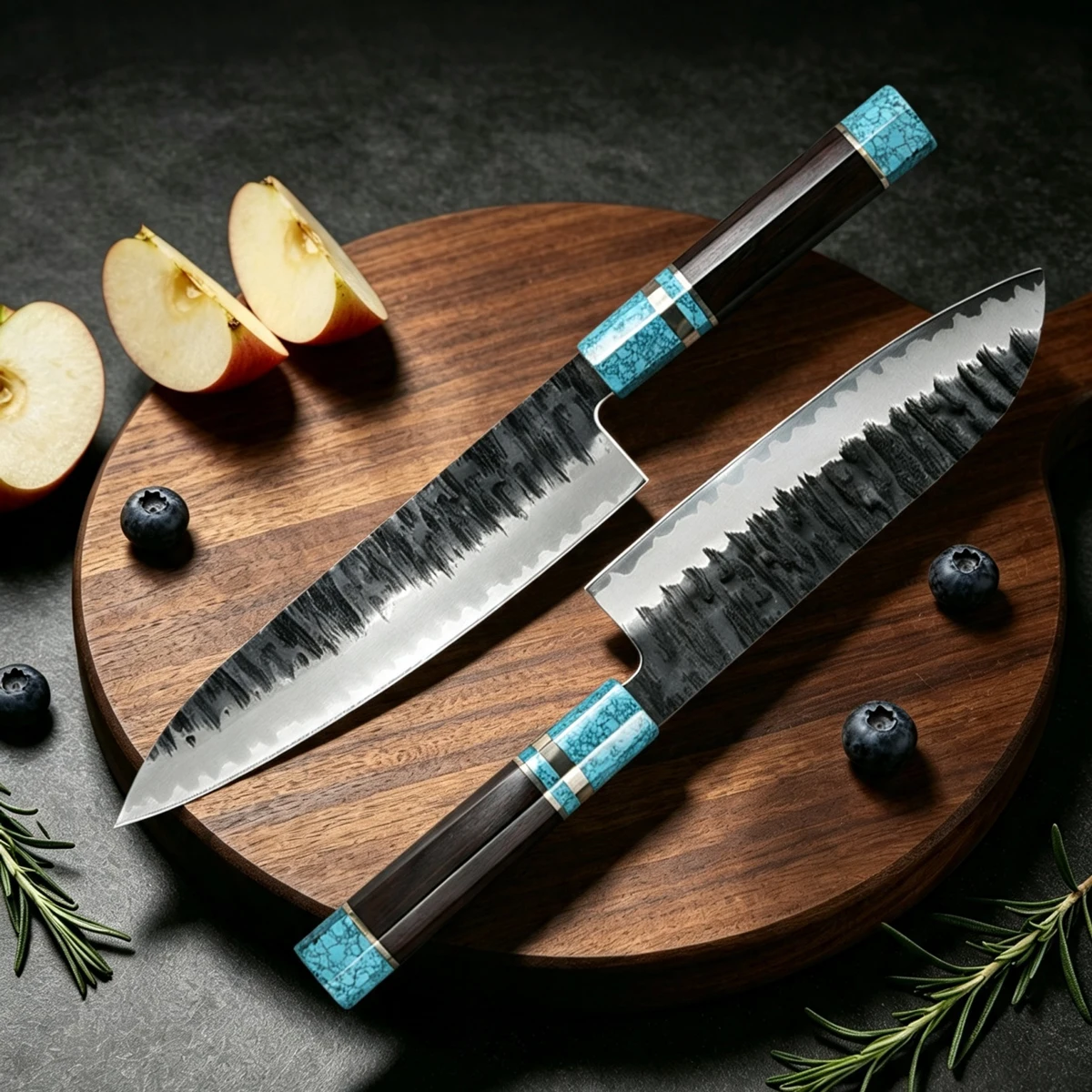 2 Piece Set Kitchen Chef Knife 7-Layer Damascus Steel Professional Chef Knife Santoku Knife Turquoise Handle Beautiful Gift Box
