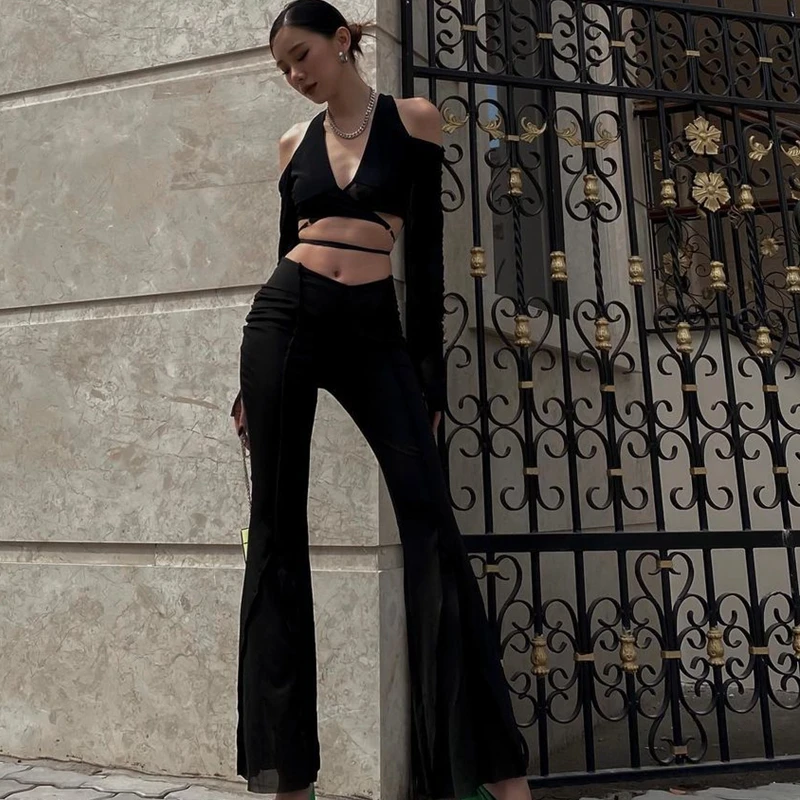 Candyhot 고딕 메쉬 쉬어 크롭탑, 섹시한 딥 브이넥 오프 숄더 티셔츠, Y2K 긴팔 2024 스트리트웨어, 교차 붕대 티