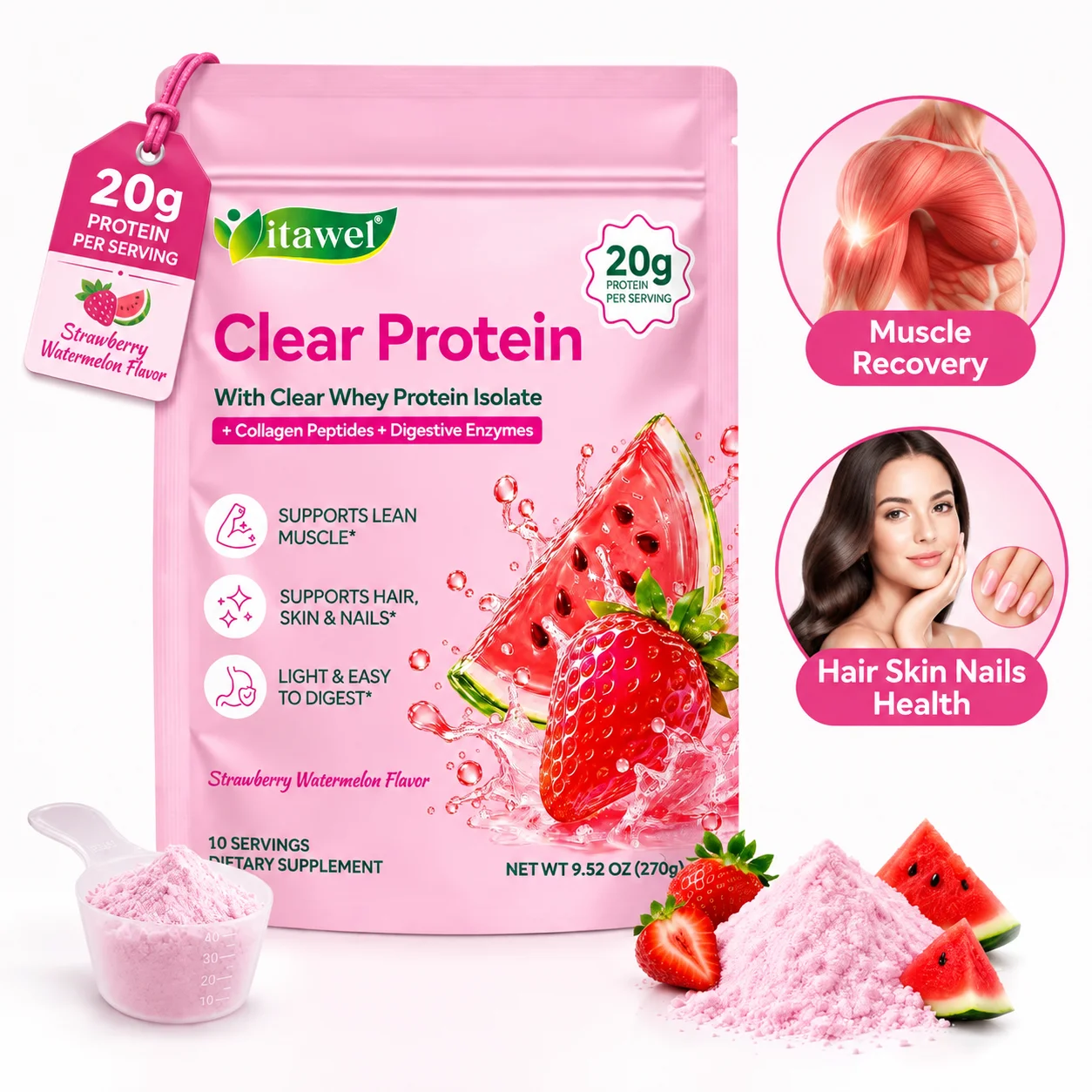 Clear Whey Protein Powder Muscle Recovery Hair Skin Nails Health Digestion Collagen Peptides Digestive Enzymes 270g Strawberry