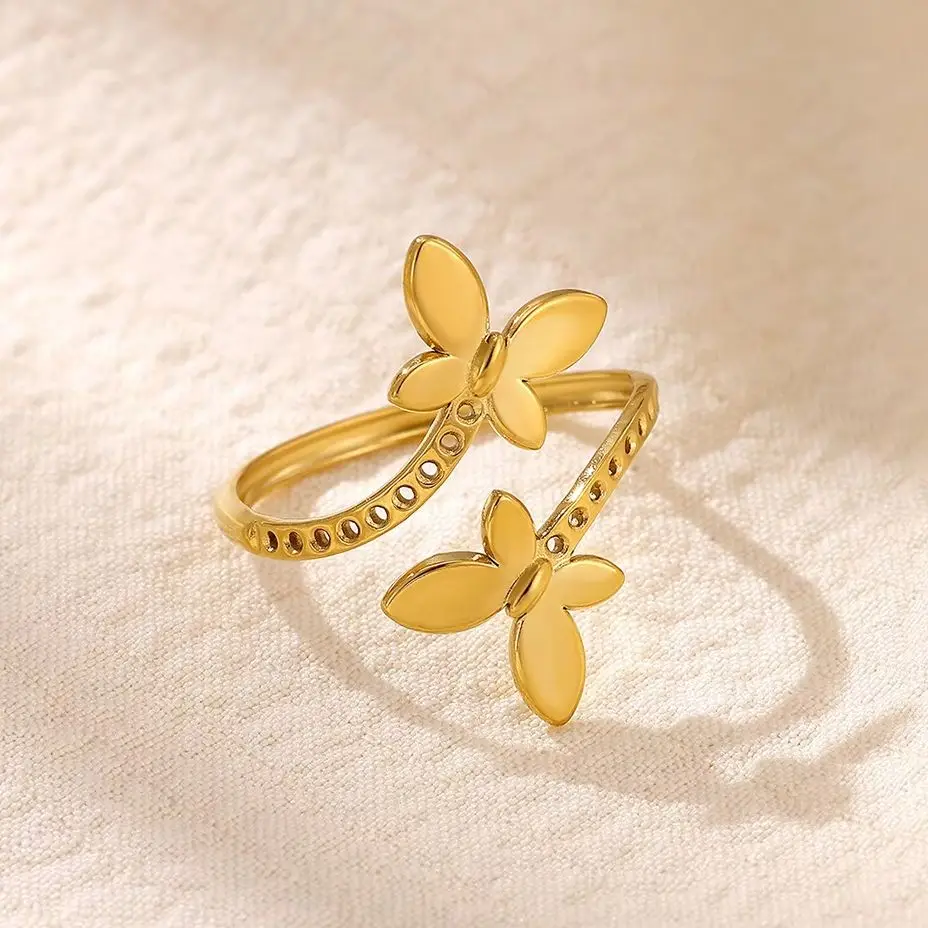 Zarte Doppel-Schmetterlingsringe für Damen, goldfarben, aus Edelstahl, Schmetterlingsring, ideal für Hochzeiten und Partys, ästhetischer Schmuck, Geschenk.